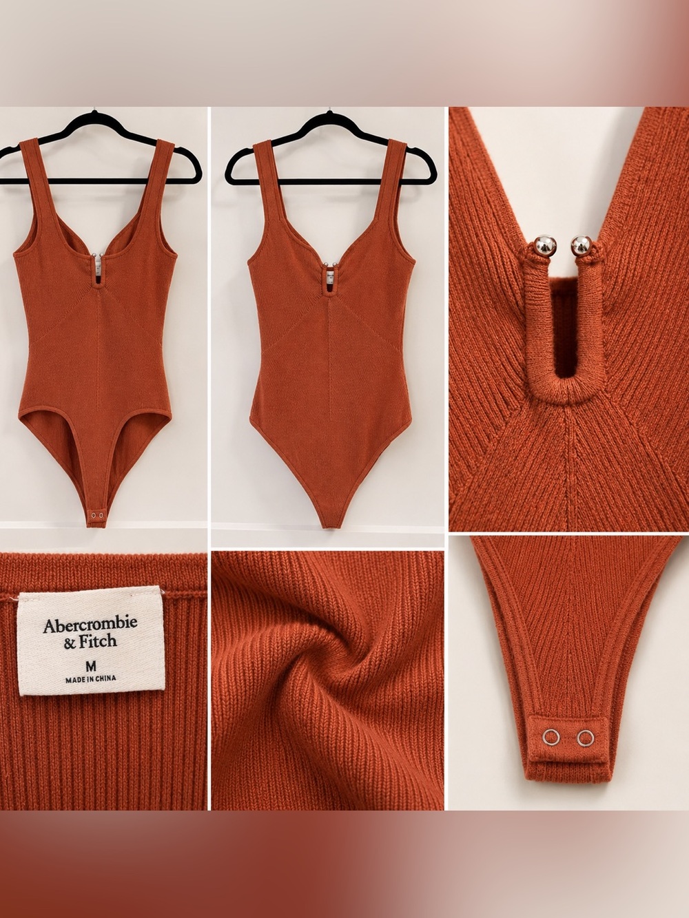 Abercrombie & Fitch Rust Ribbed Zip-Front One-Piece Bodysuit - Orange-Brown